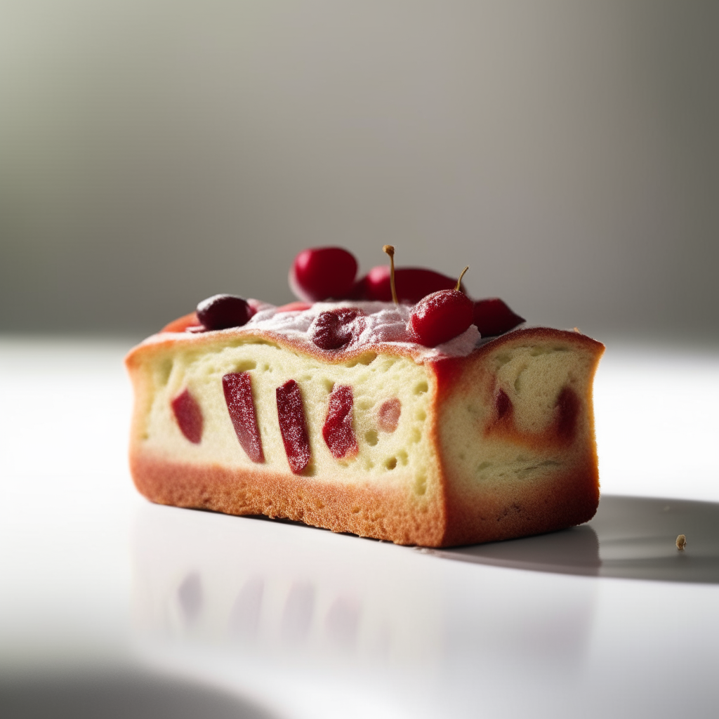 Slice of cherry almond bread on a white plate under bright studio lighting. Razor sharp focus. square