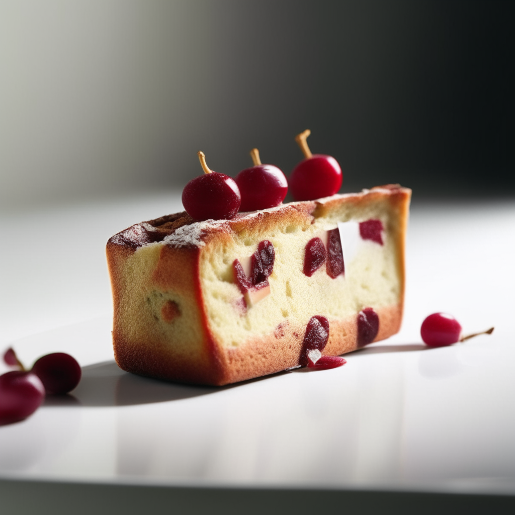 Slice of cherry almond bread on a white plate under bright studio lighting. Razor sharp focus. square