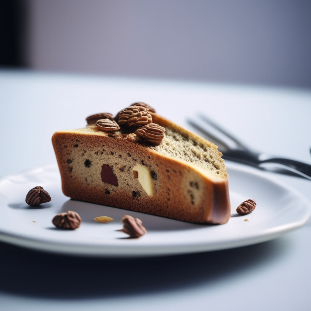 Slice of fig and walnut bread on a white plate under bright studio lighting. Razor sharp focus. square