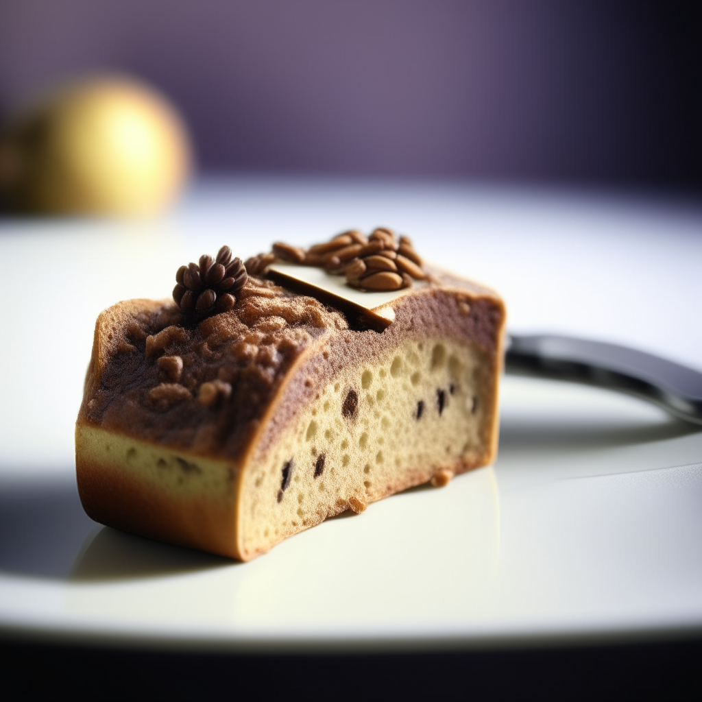 Slice of fig and walnut bread on a white plate under bright studio lighting. Razor sharp focus. square