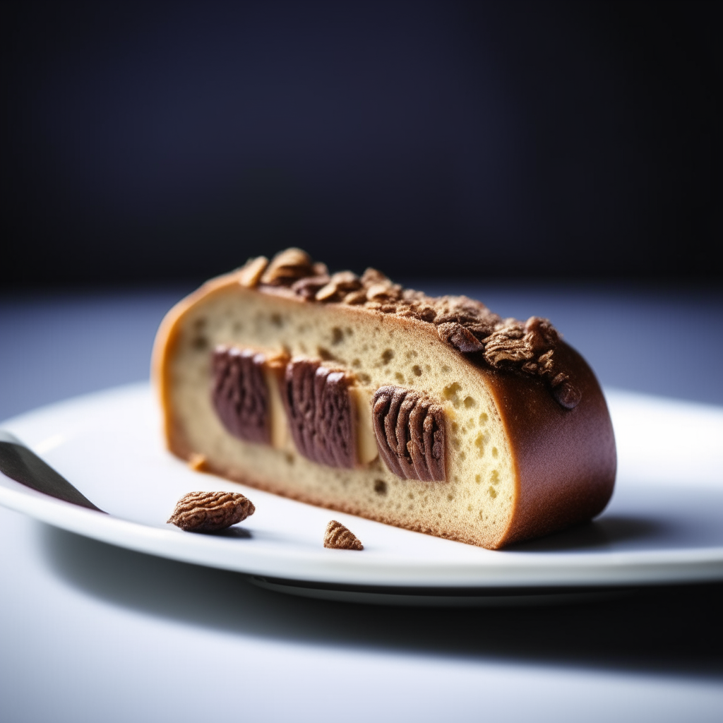 Slice of fig and walnut bread on a white plate under bright studio lighting. Razor sharp focus. square