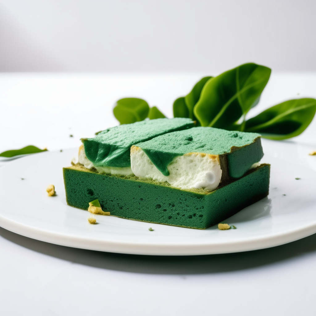 Slice of spinach and dairy-free feta gluten-free bread on a white plate under bright studio lighting. Razor sharp focus. square