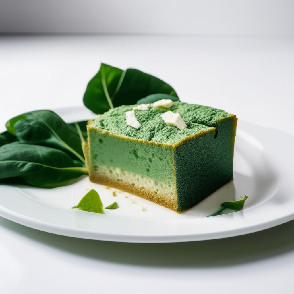 Slice of spinach and dairy-free feta gluten-free bread on a white plate under bright studio lighting. Razor sharp focus. square