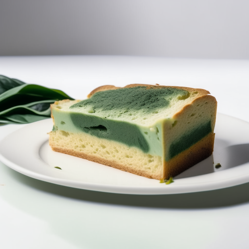 Slice of spinach and dairy-free gruyere gluten-free bread on a white plate under bright studio lighting. Razor sharp focus. square