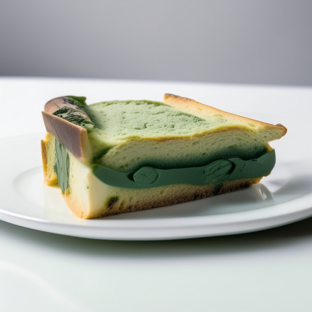 Slice of spinach and dairy-free gruyere gluten-free bread on a white plate under bright studio lighting. Razor sharp focus. square