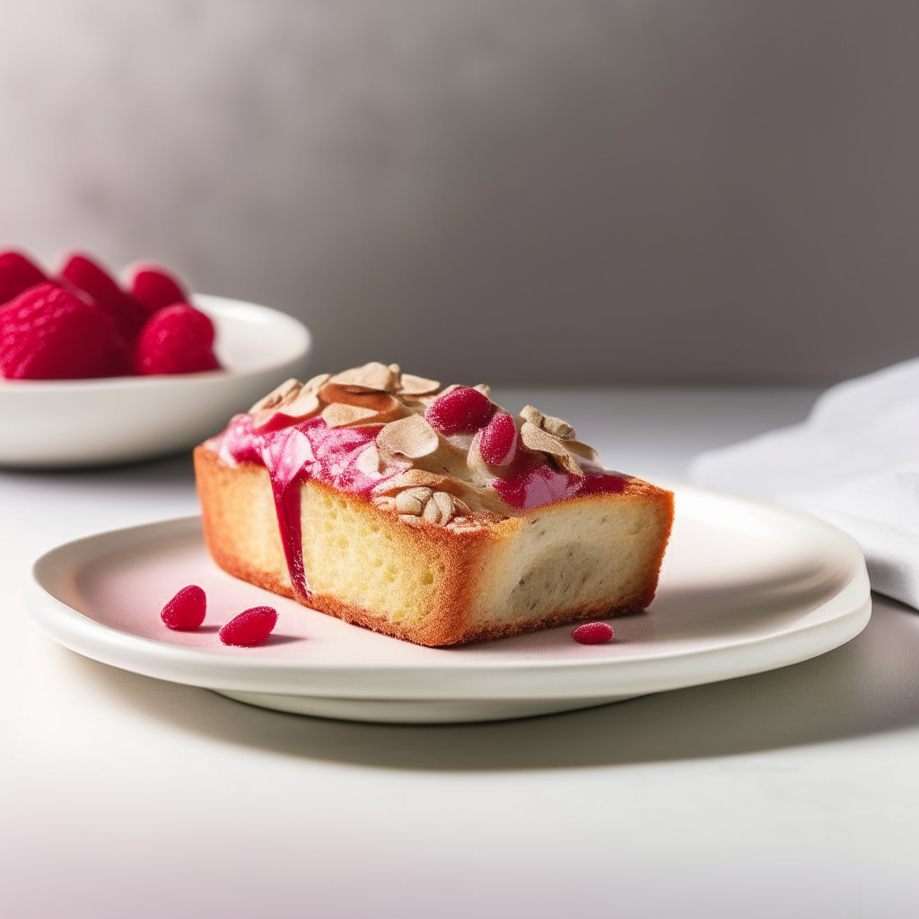 Slice of gluten-free raspberry almond bread on a white plate under bright studio lighting. Razor sharp focus. square