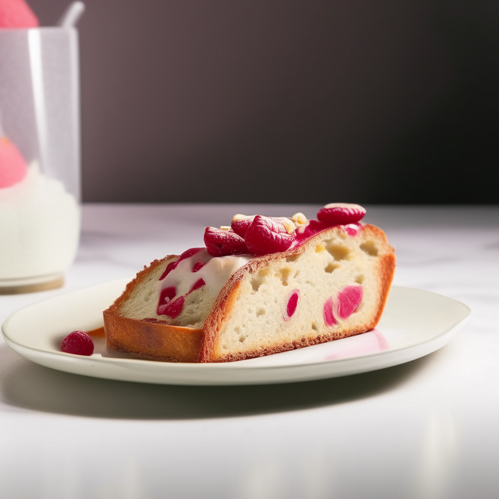 Slice of gluten-free raspberry almond bread on a white plate under bright studio lighting. Razor sharp focus. square