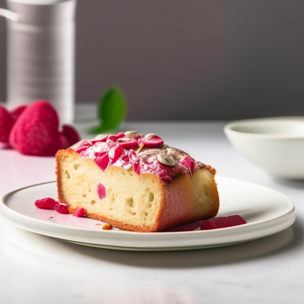 Slice of gluten-free raspberry almond bread on a white plate under bright studio lighting. Razor sharp focus. square