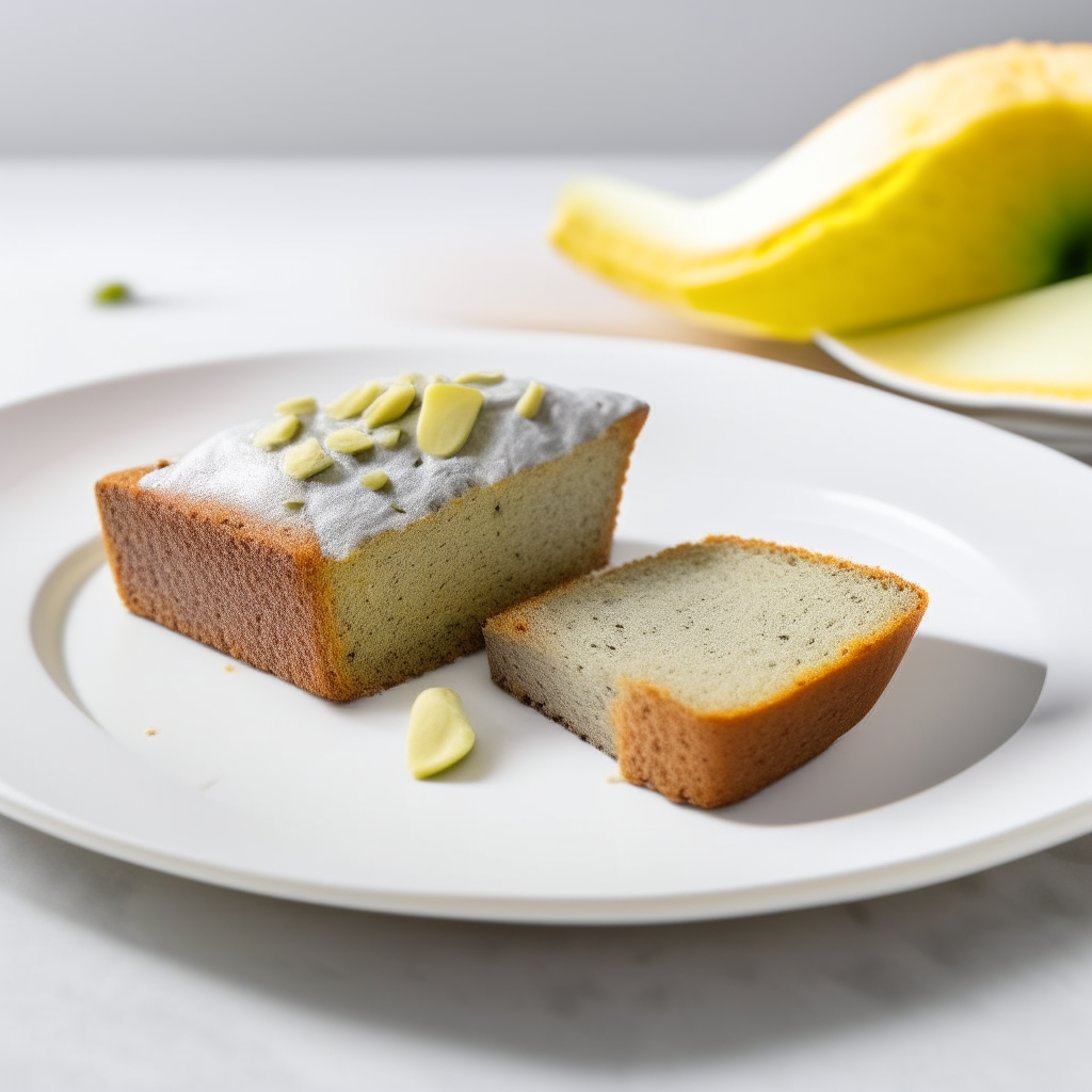 Slice of lemon poppy seed zucchini gluten-free bread on a white plate under bright studio lighting. Razor sharp focus. square