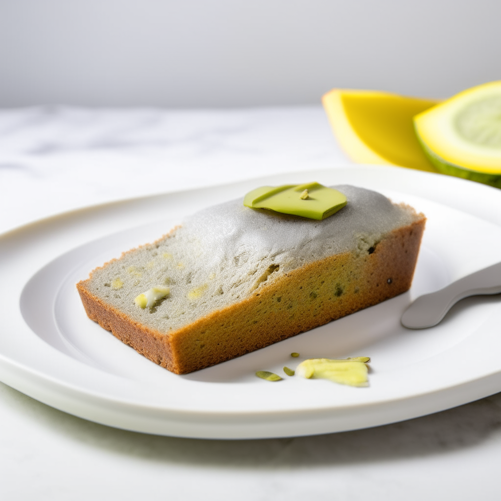 Slice of lemon poppy seed zucchini gluten-free bread on a white plate under bright studio lighting. Razor sharp focus. square