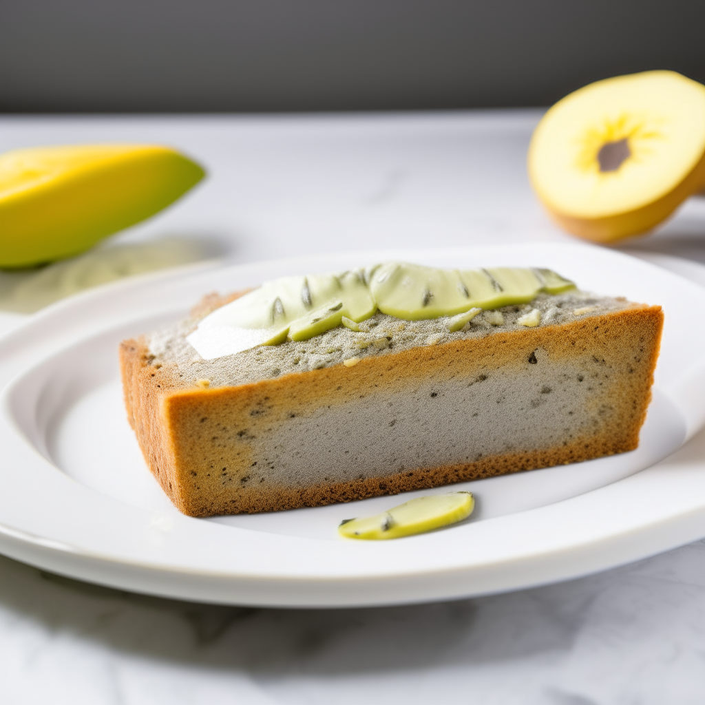 Slice of lemon poppy seed zucchini gluten-free bread on a white plate under bright studio lighting. Razor sharp focus. square