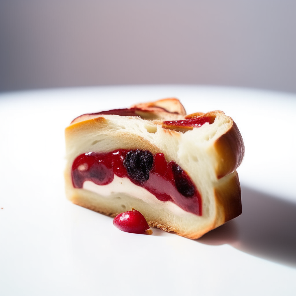 Slice of cherry brie bread on a white plate under bright studio lighting. Razor sharp focus. square