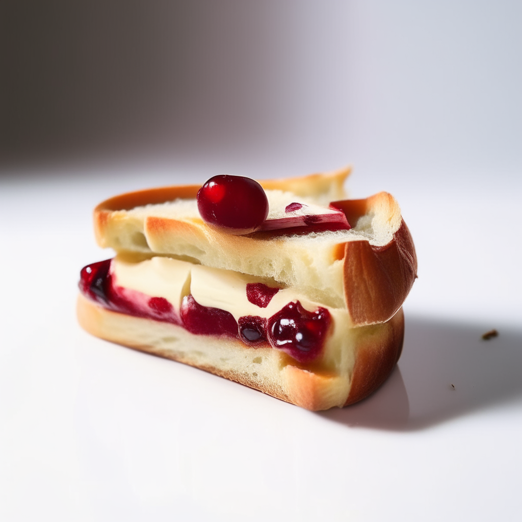 Slice of cherry brie bread on a white plate under bright studio lighting. Razor sharp focus. square