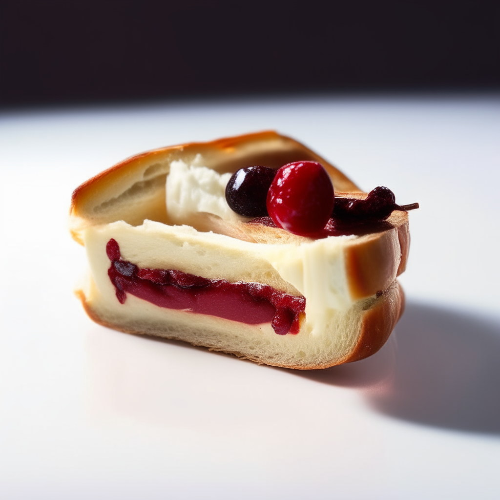 Slice of cherry brie bread on a white plate under bright studio lighting. Razor sharp focus. square