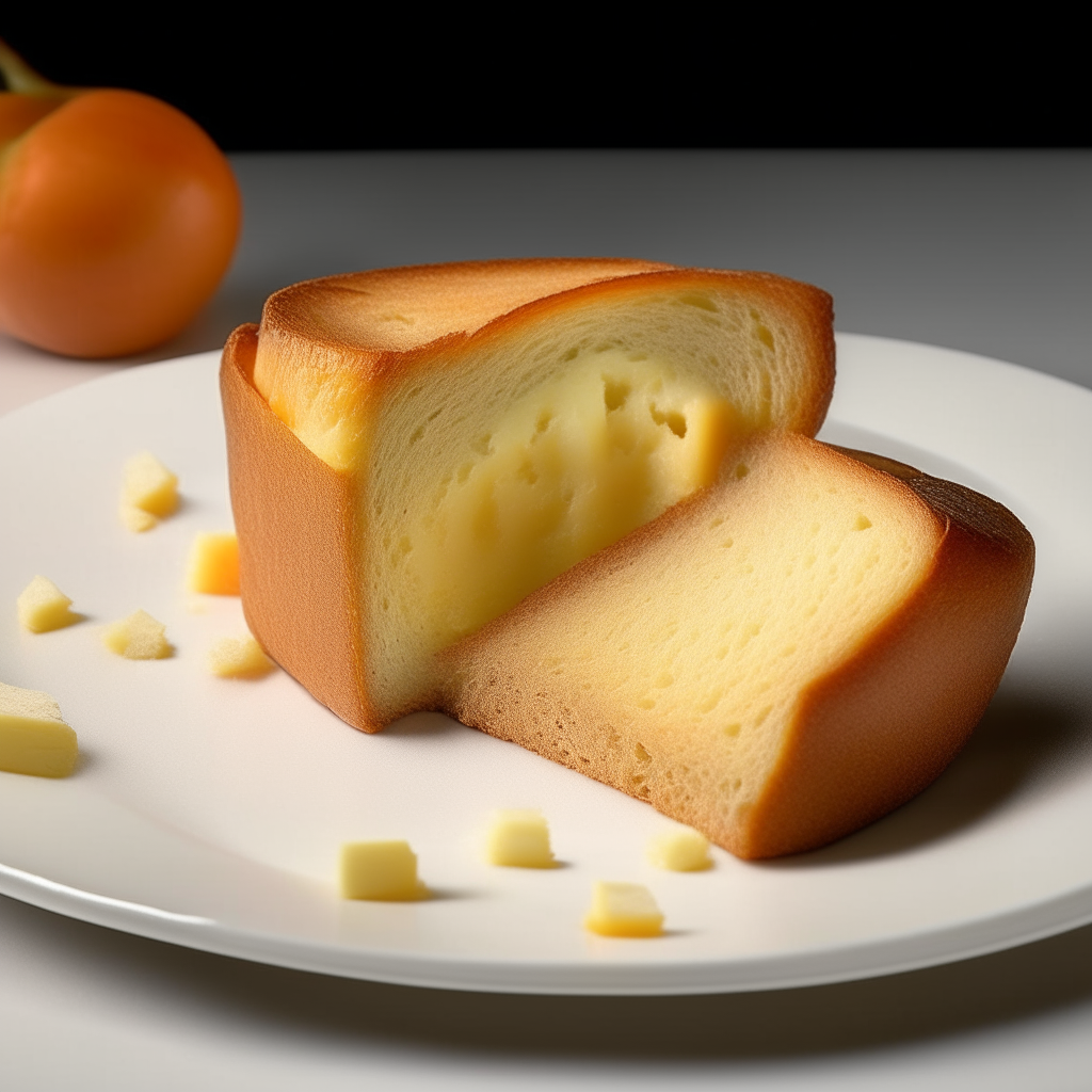 Slice of pear and cheddar cheese bread on a white plate under bright studio lighting. Razor sharp focus. square