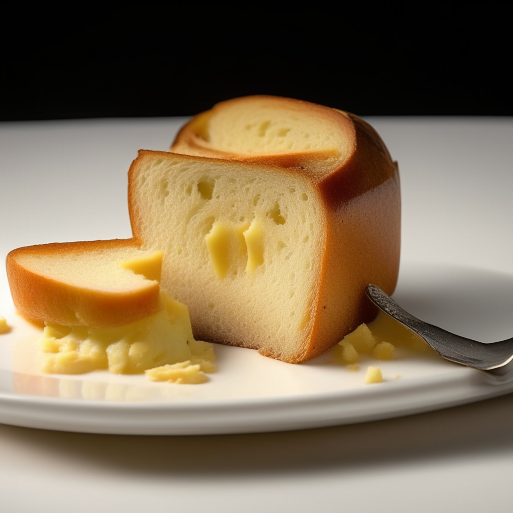 Slice of pear and cheddar cheese bread on a white plate under bright studio lighting. Razor sharp focus. square