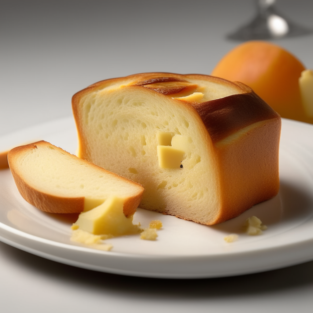 Slice of pear and cheddar cheese bread on a white plate under bright studio lighting. Razor sharp focus. square