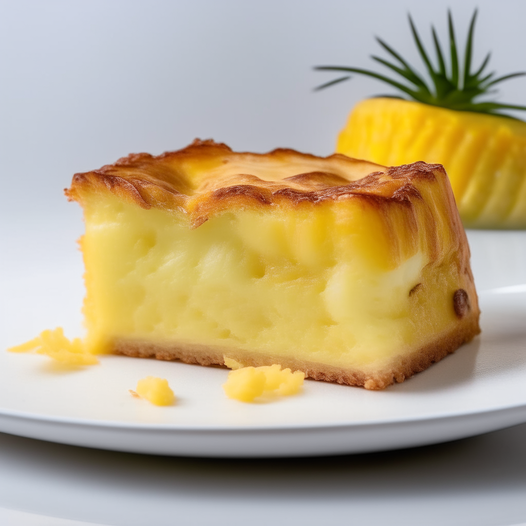 Slice of pineapple swiss cheese bread on a white plate under bright studio lighting. Razor sharp focus. square