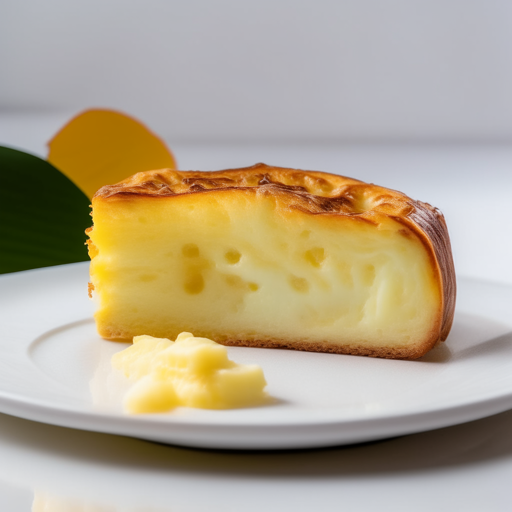 Slice of pineapple swiss cheese bread on a white plate under bright studio lighting. Razor sharp focus. square