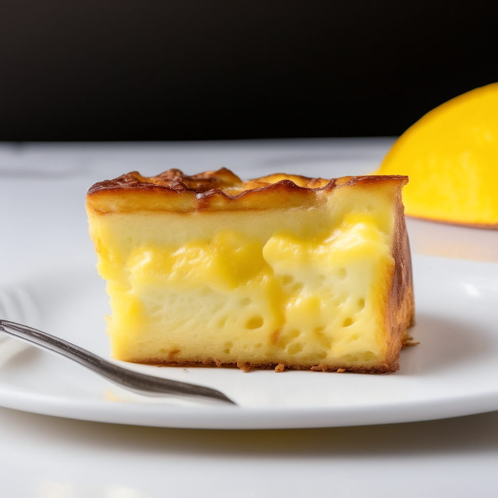 Slice of pineapple swiss cheese bread on a white plate under bright studio lighting. Razor sharp focus. square