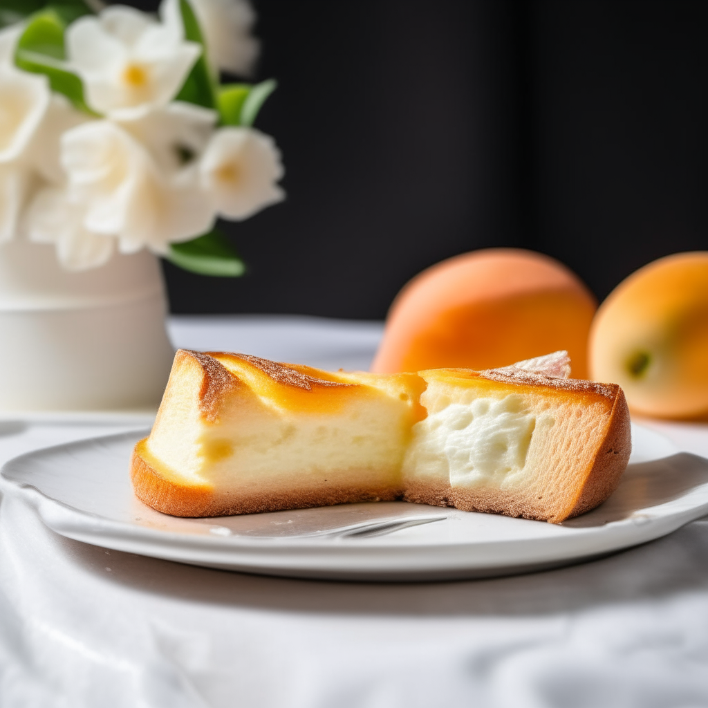 Slice of peach and feta cheese bread on a white plate under bright studio lighting. Razor sharp focus. square