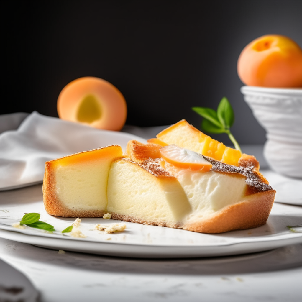 Slice of peach and feta cheese bread on a white plate under bright studio lighting. Razor sharp focus. square