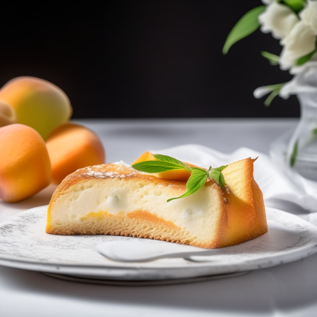 Slice of peach and feta cheese bread on a white plate under bright studio lighting. Razor sharp focus. square