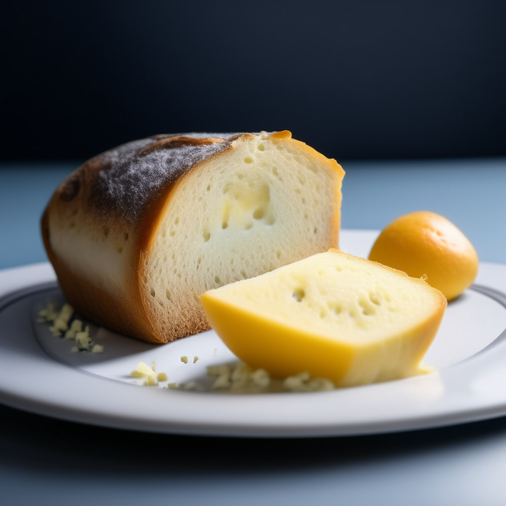 Slice of lemon and dairy-free blue cheese gluten-free bread on a white plate under bright studio lighting. Razor sharp focus. square