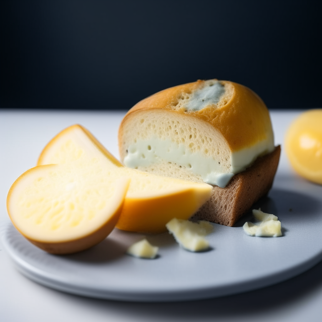 Slice of lemon and dairy-free blue cheese gluten-free bread on a white plate under bright studio lighting. Razor sharp focus. square