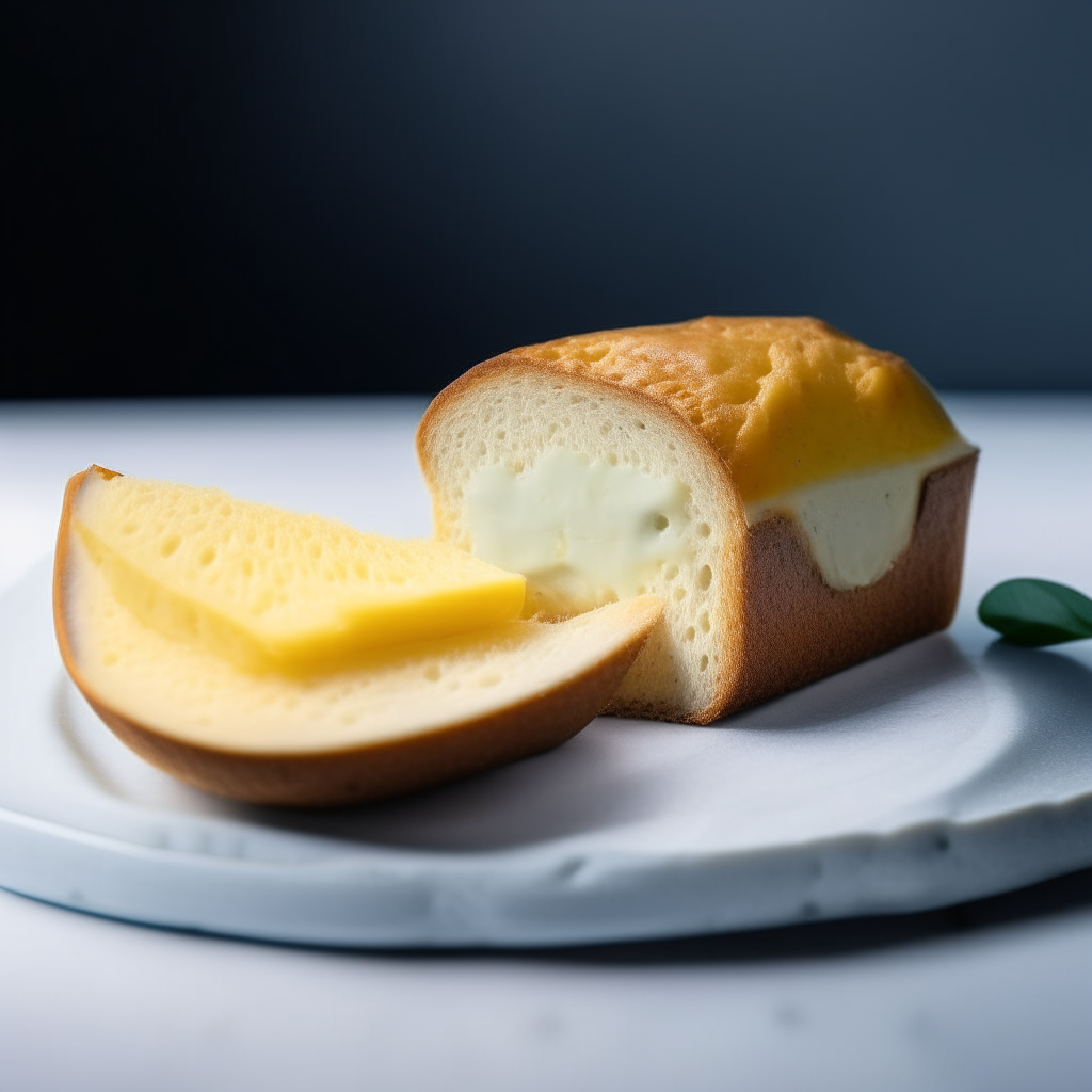 Slice of lemon and dairy-free blue cheese gluten-free bread on a white plate under bright studio lighting. Razor sharp focus. square