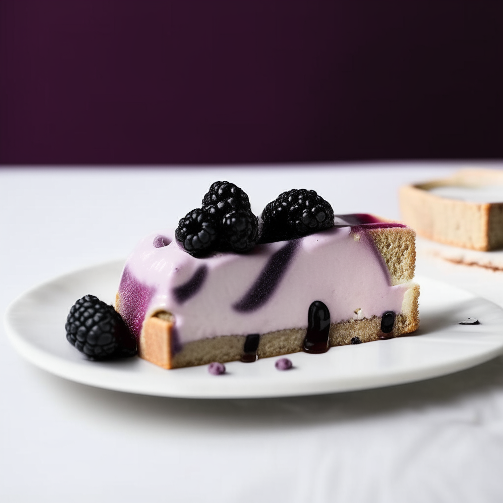 Slice of blackberry dairy-free cream cheese gluten-free bread on a white plate under bright studio lighting. Razor sharp focus. square