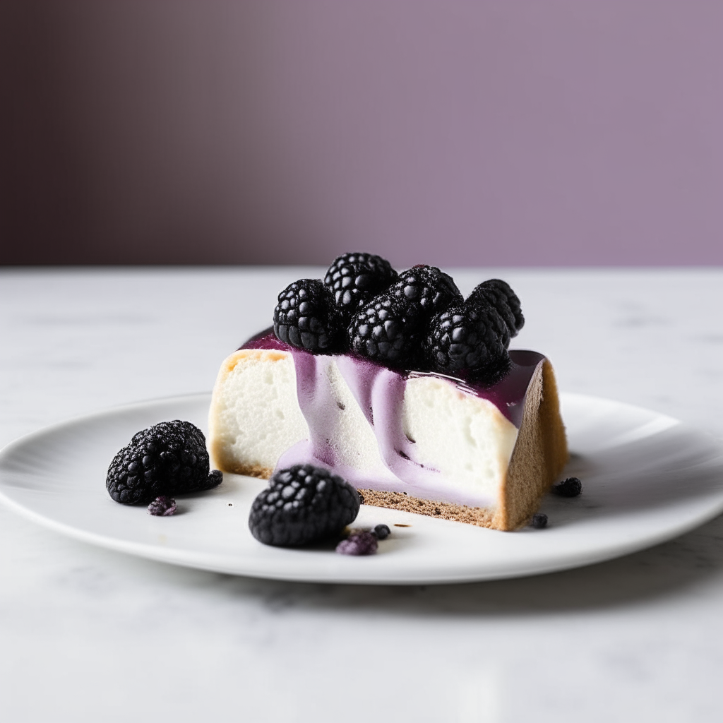 Slice of blackberry dairy-free cream cheese gluten-free bread on a white plate under bright studio lighting. Razor sharp focus. square