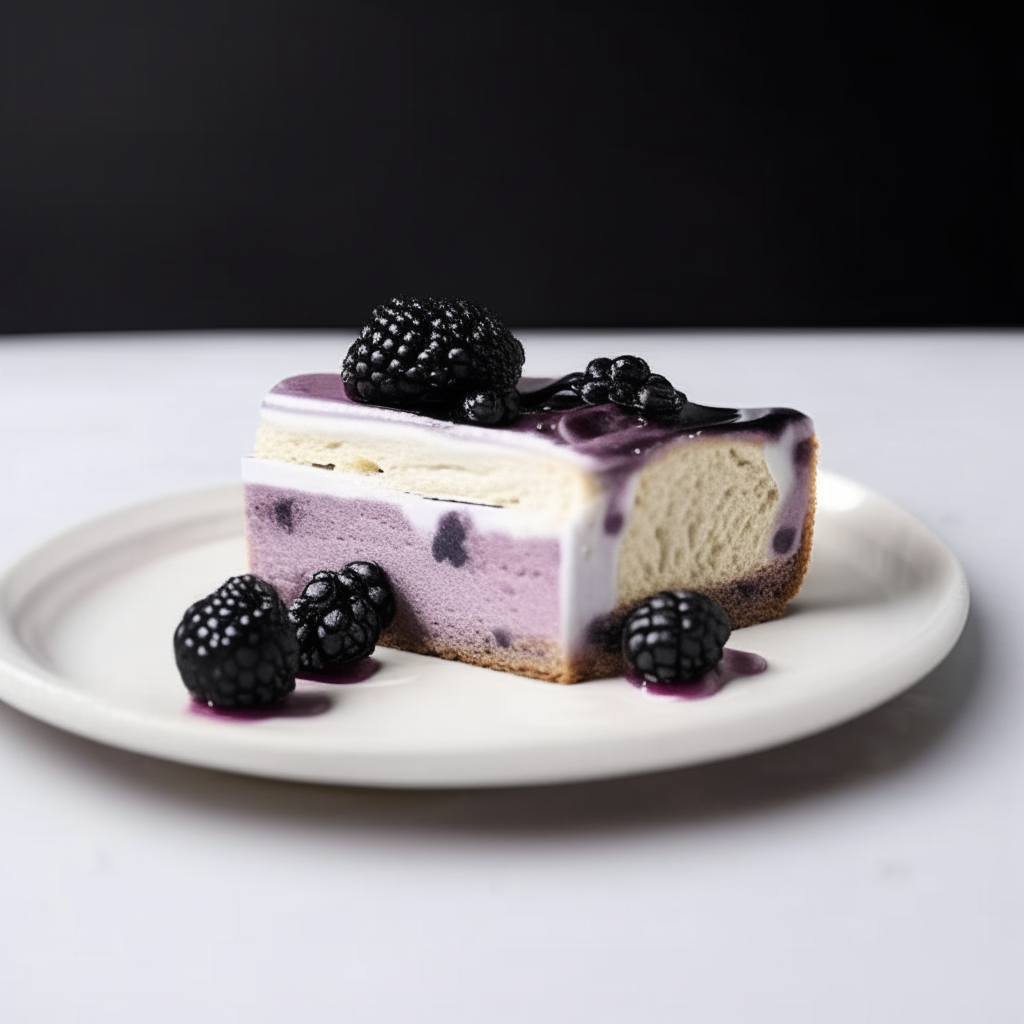 Slice of blackberry dairy-free cream cheese gluten-free bread on a white plate under bright studio lighting. Razor sharp focus. square