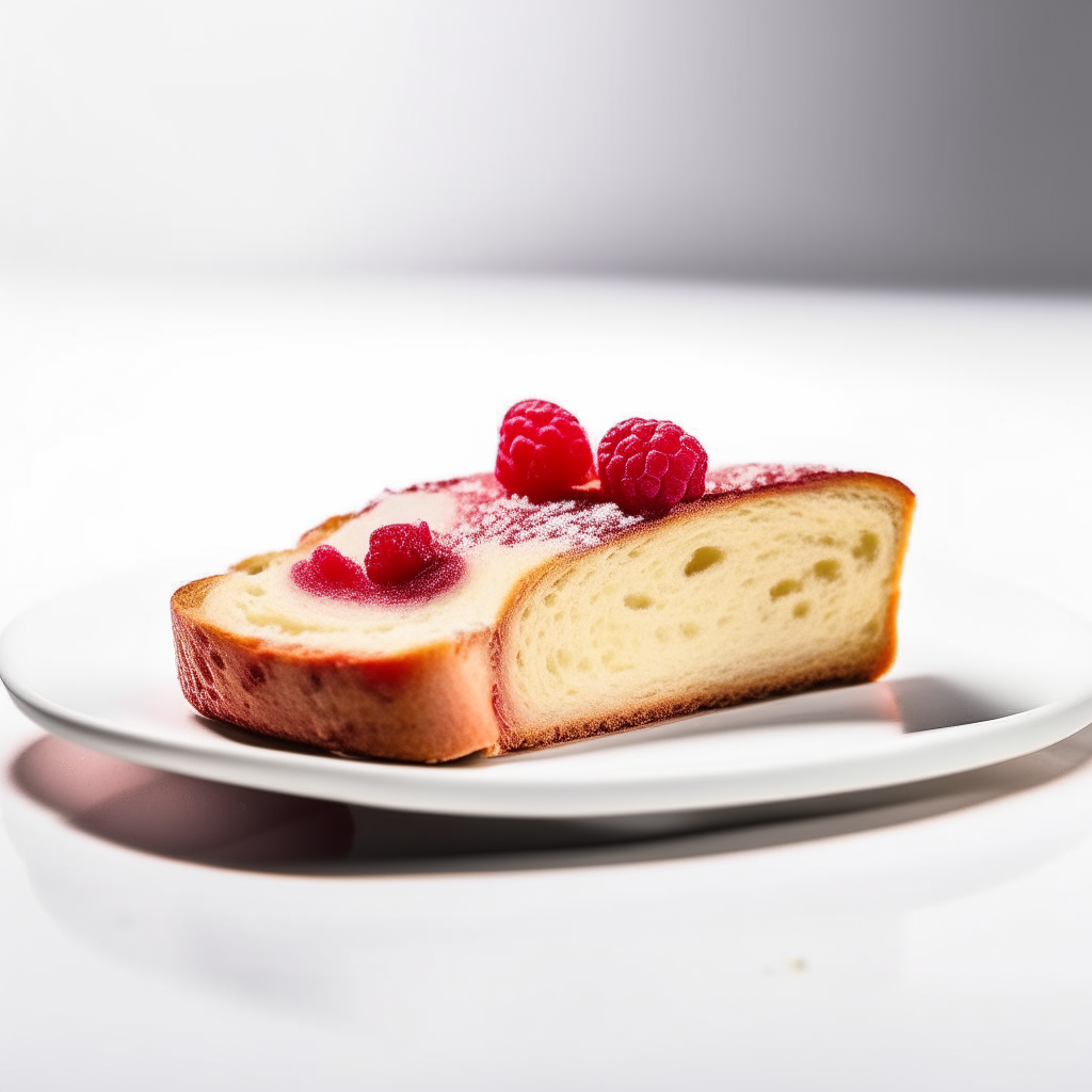 Slice of raspberry parmesan gluten-free bread on a white plate under bright studio lighting. Razor sharp focus. square