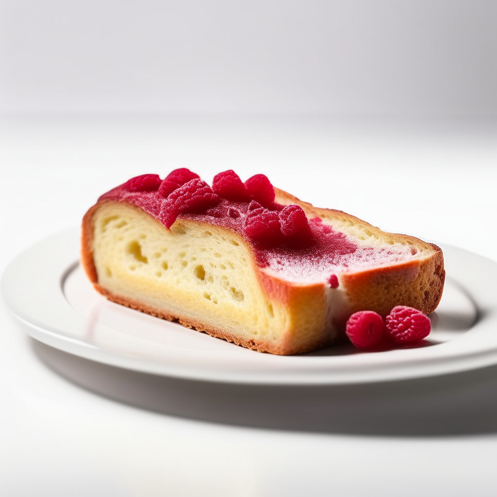 Slice of raspberry parmesan gluten-free bread on a white plate under bright studio lighting. Razor sharp focus. square