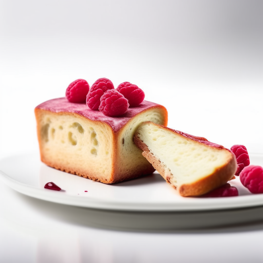 Slice of raspberry parmesan gluten-free bread on a white plate under bright studio lighting. Razor sharp focus. square