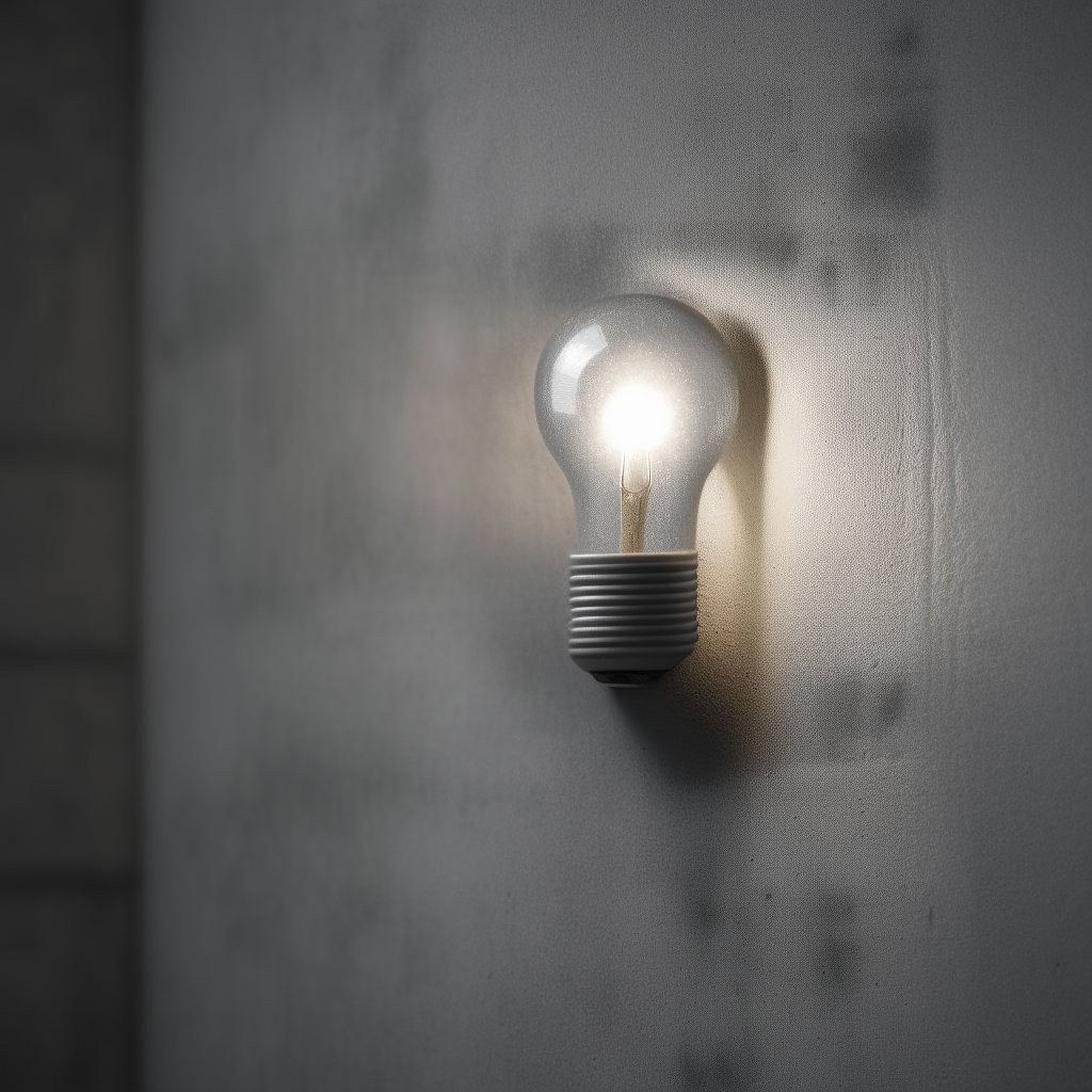 a white led light bulb installed in a grey concrete wall and glowing