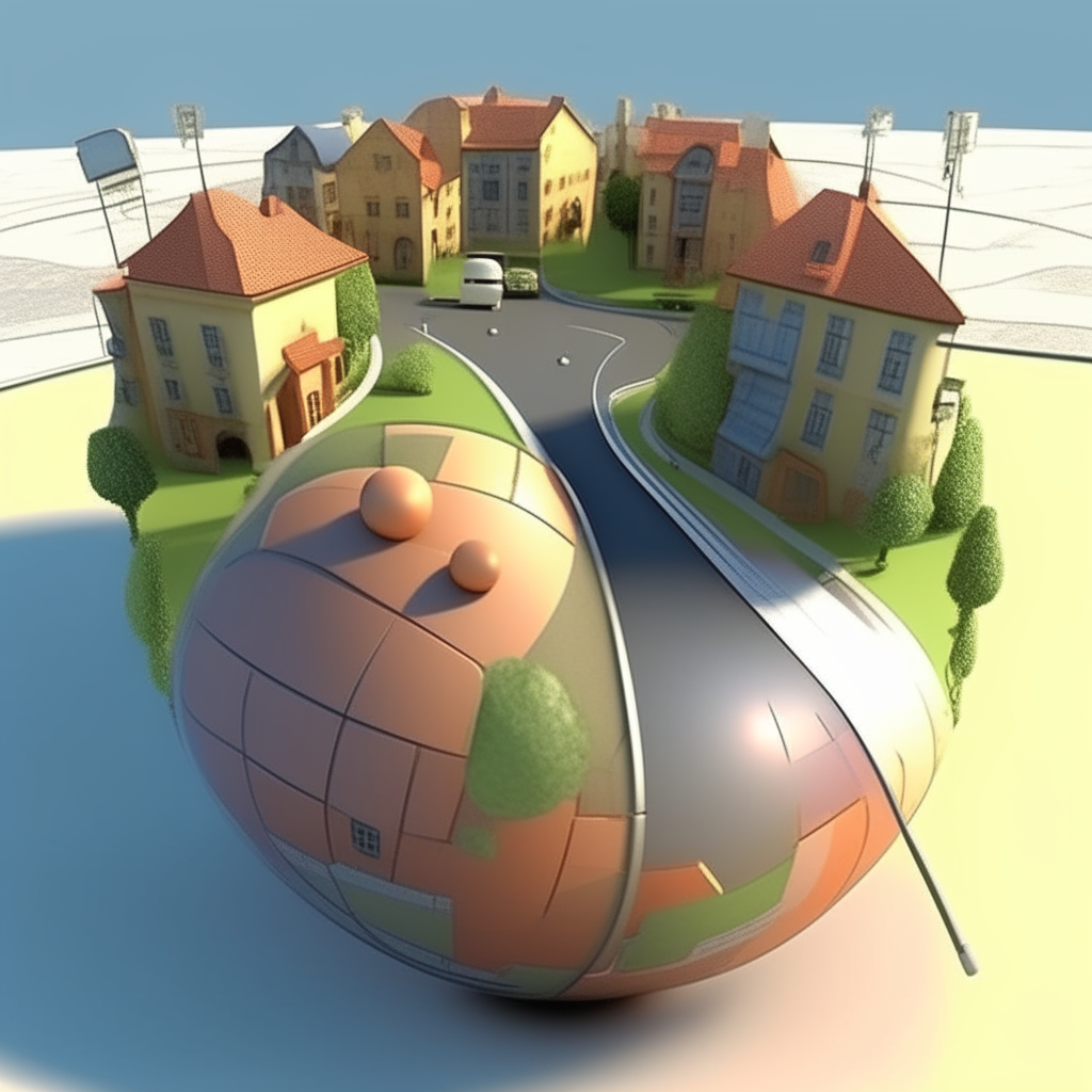 a sphere on the surface of which a road is laid in the form of a film, along the road houses, rivers, churches, walking areas and squares, 3-D , cartoon