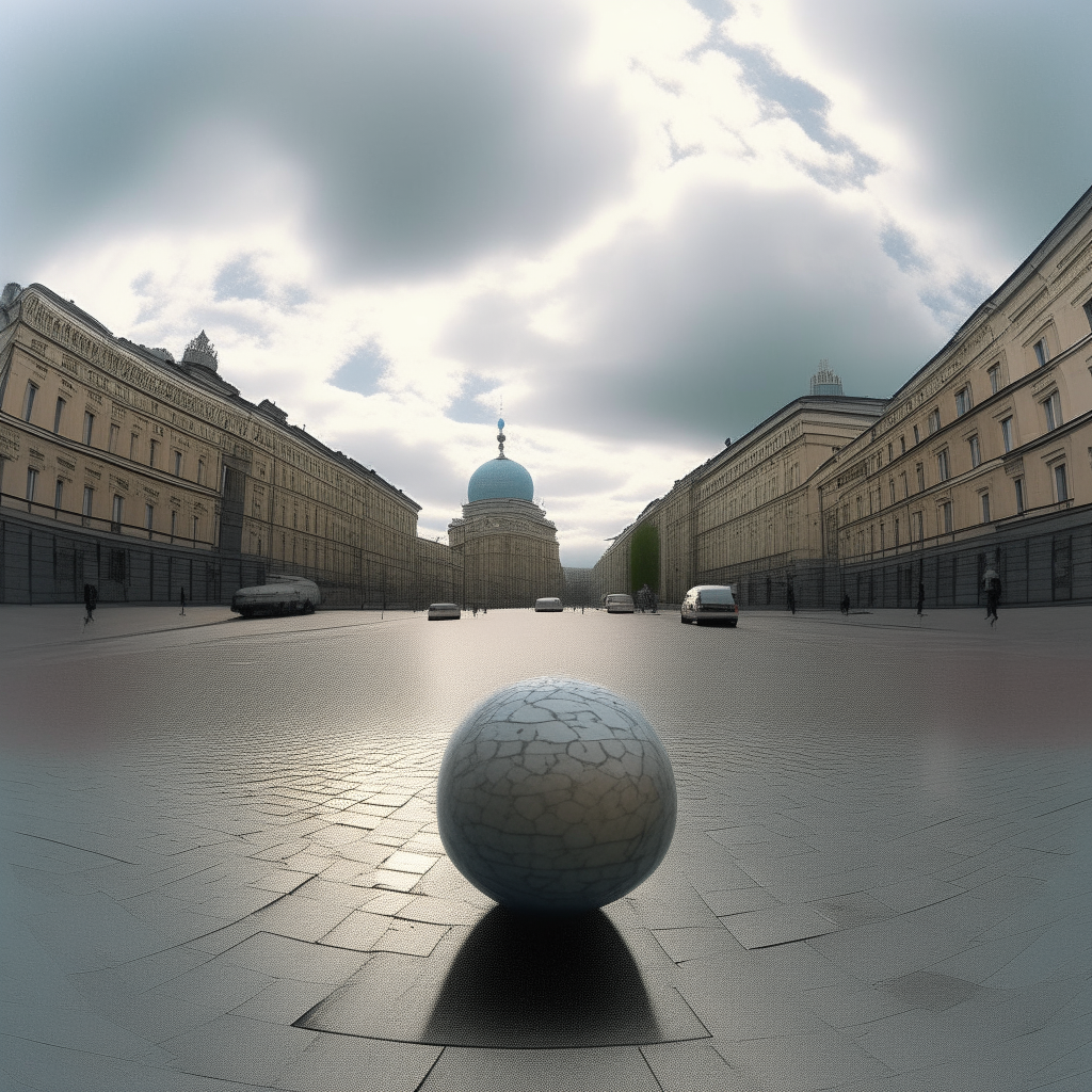 a sphere among clouds, a sphere on the surface of which a road is laid in the form of a film, houses, rivers, churches, walking areas and squares along the road, palm prints on paving slabs, movie cameras - film studios are driving along the road, objects are located according to the normals of the sphere, geolocation - Moscow, 3-D , cartoon