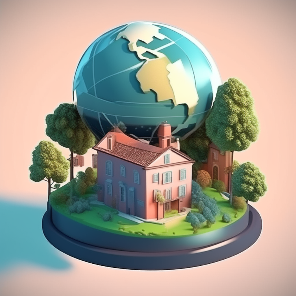 the movie projector stands on a sphere, trees, houses, churches grow on the sphere, rivers flow. 3-d cartoon style
