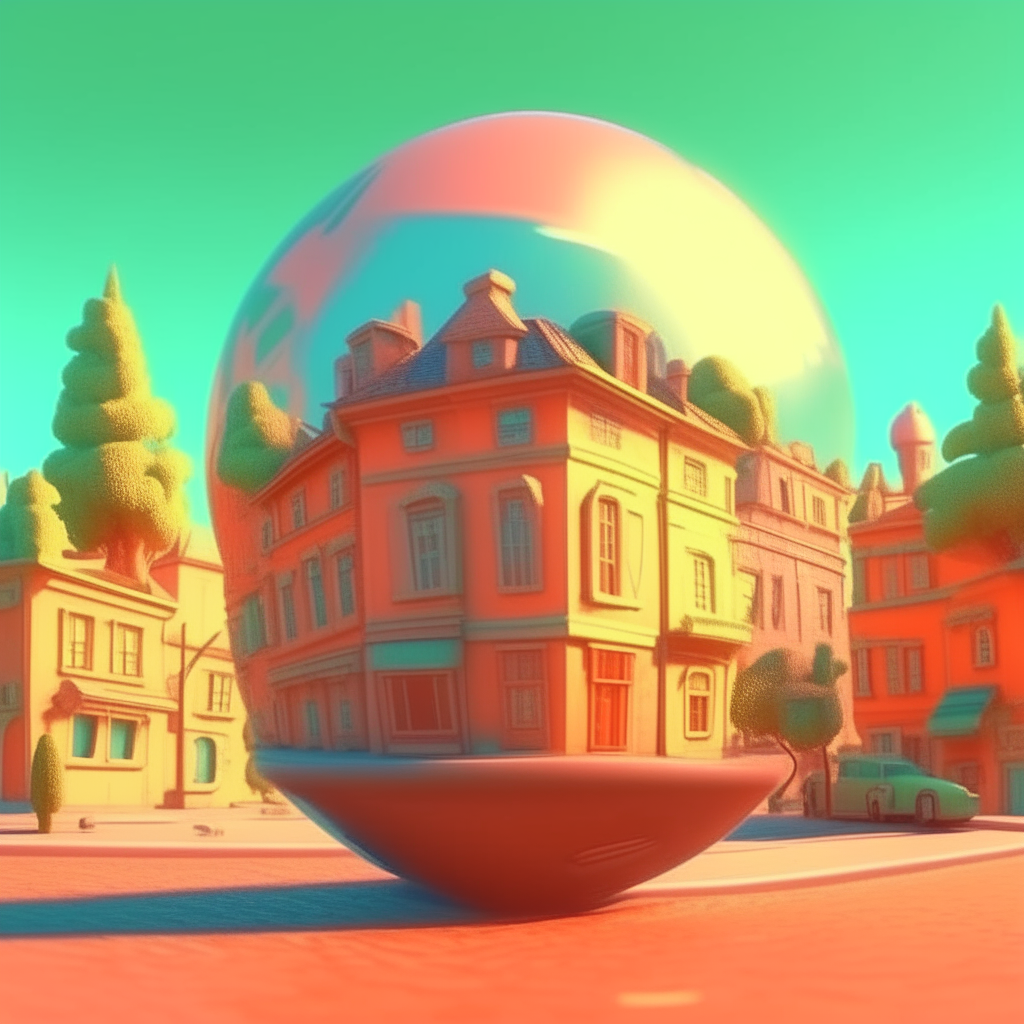 sphere, there is an old movie camera on the sphere, cars are driving on the surface, trees and houses of Russian architecture are growing, 3-d cartoon, soft light, saturated colors