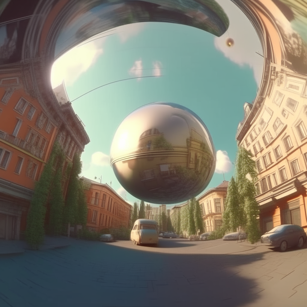 sphere in the sky, an old movie camera is placed on the sphere, cars are driving on the surface of the sphere, trees and houses of Russian architecture are growing, location - Mosfilmovskaya Street in Moscow, 3-d cartoon, soft light