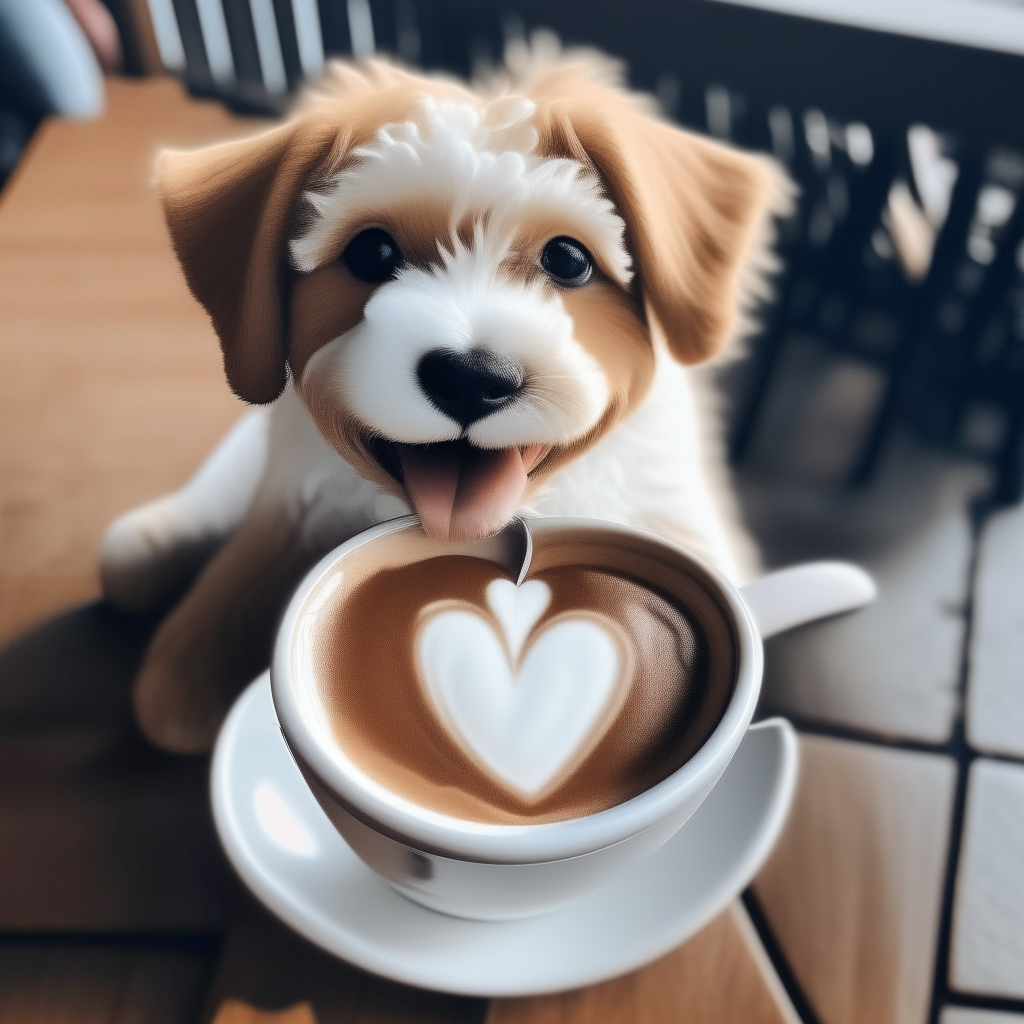 a happy puppy drinking a latte with heart-shaped foam art