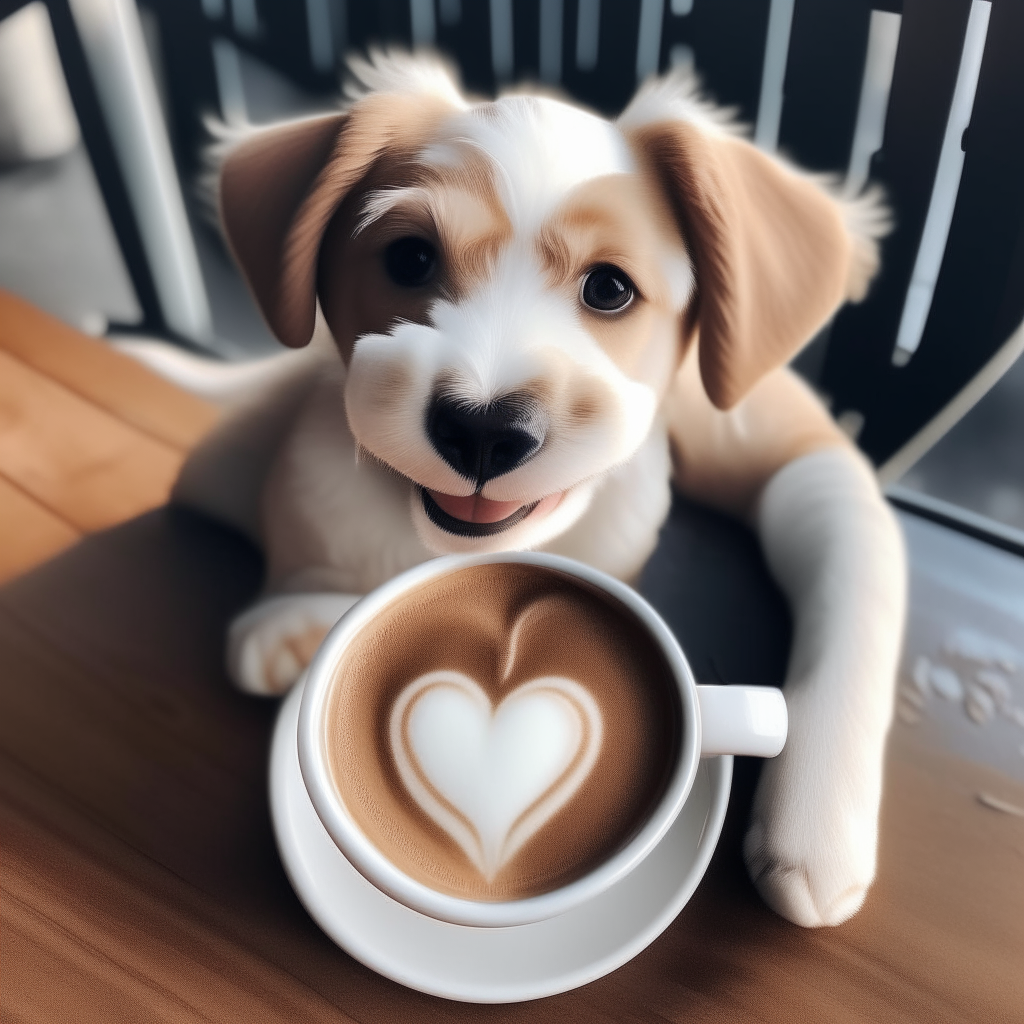 a happy puppy drinking a latte with heart-shaped foam art