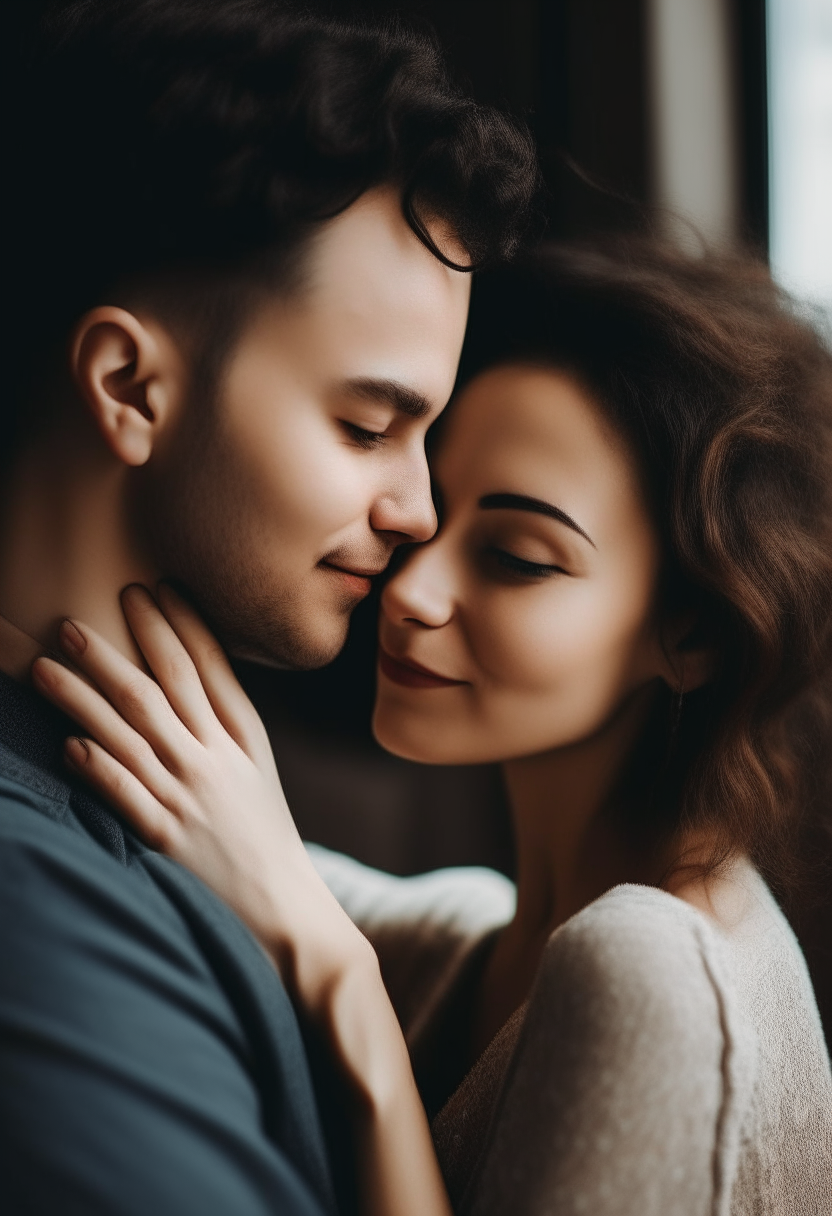 a romantic couple embracing, looking lovingly into each other's eyes