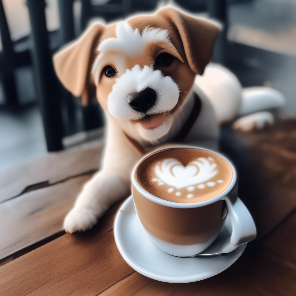 a happy puppy drinking a latte with heart-shaped foam art