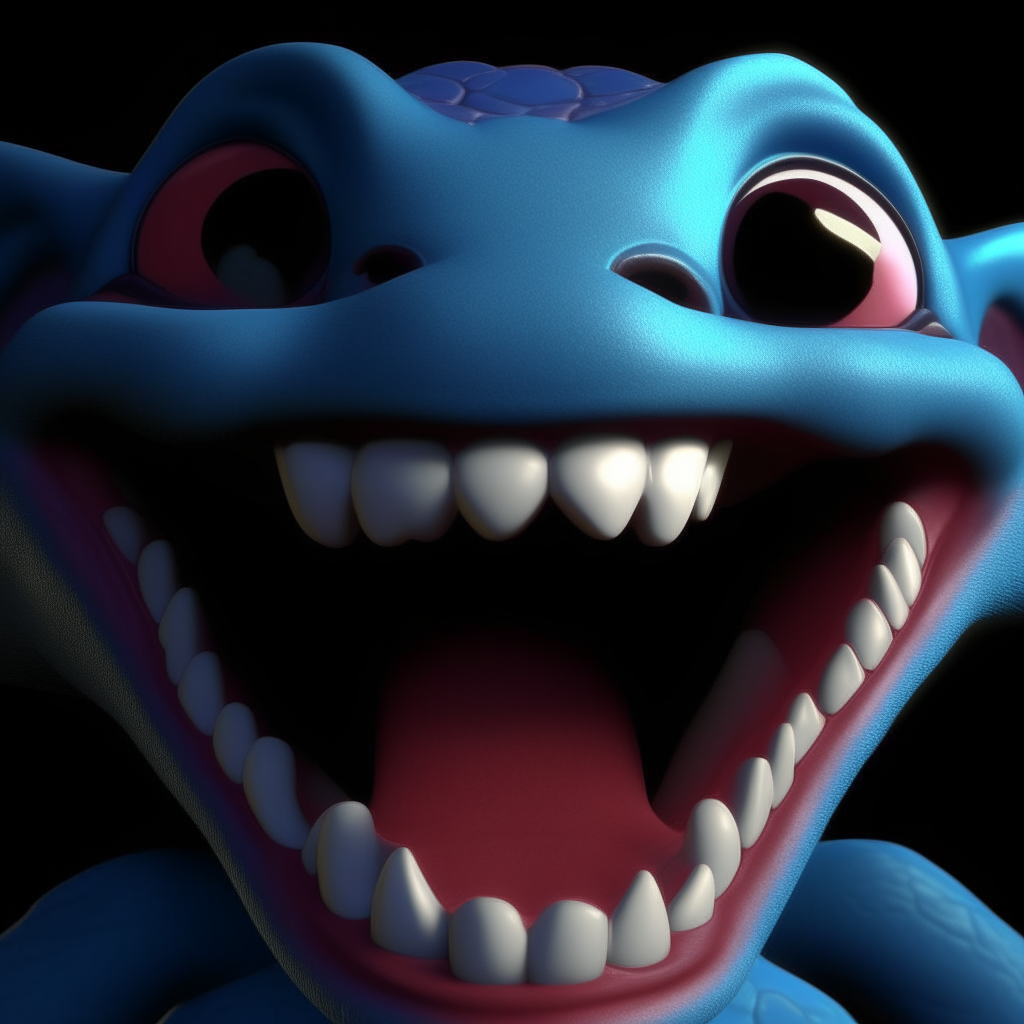 Stitch from Lilo and Stitch smiling with his mouth open, showing his sharp teeth, 3d rendered