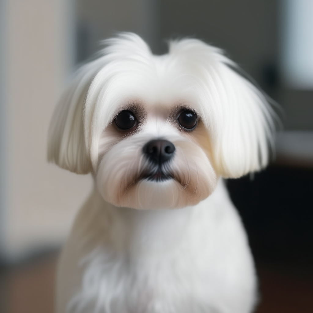 a cute white maltese dog with a black nose and eyes, standing facing the camera