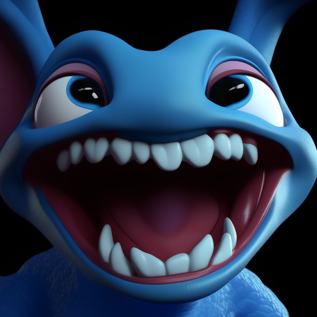 Stitch from Lilo and Stitch smiling with his mouth open showing sharp teeth, blue fur, 3D rendered