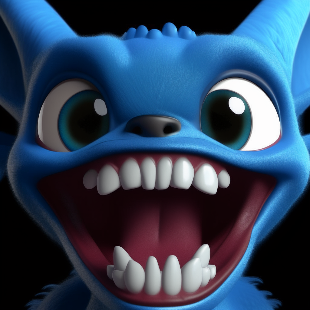 Stitch from Lilo and Stitch smiling with his mouth open showing sharp teeth, fluffy blue fur, 3D rendered cartoon character